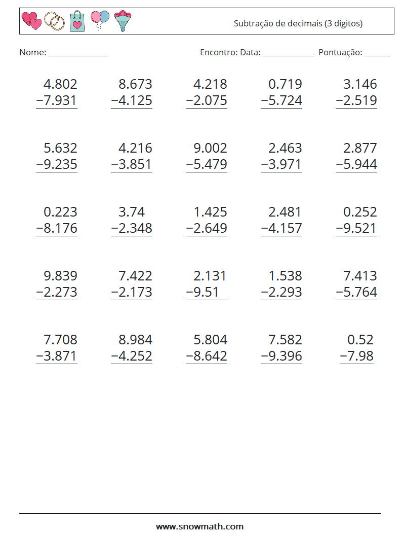 (25) Subtração de decimais (3 dígitos) planilhas matemáticas 5