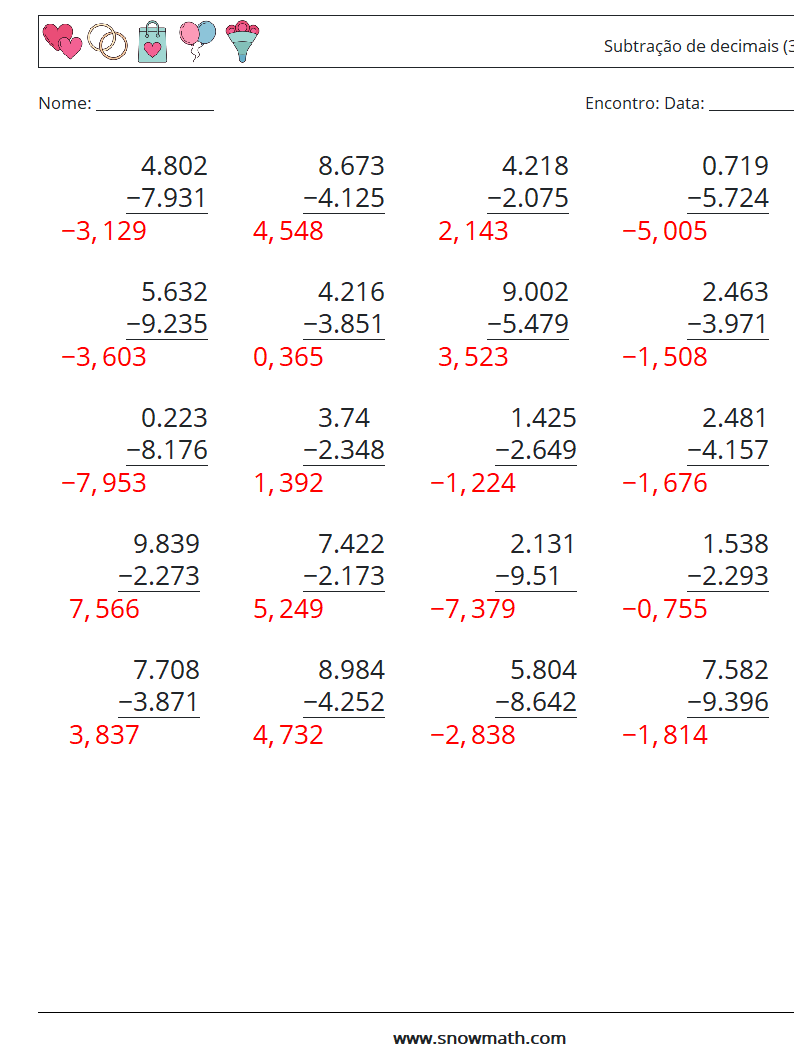 (25) Subtração de decimais (3 dígitos) planilhas matemáticas 5 Pergunta, Resposta