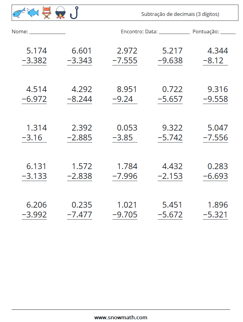 (25) Subtração de decimais (3 dígitos) planilhas matemáticas 6