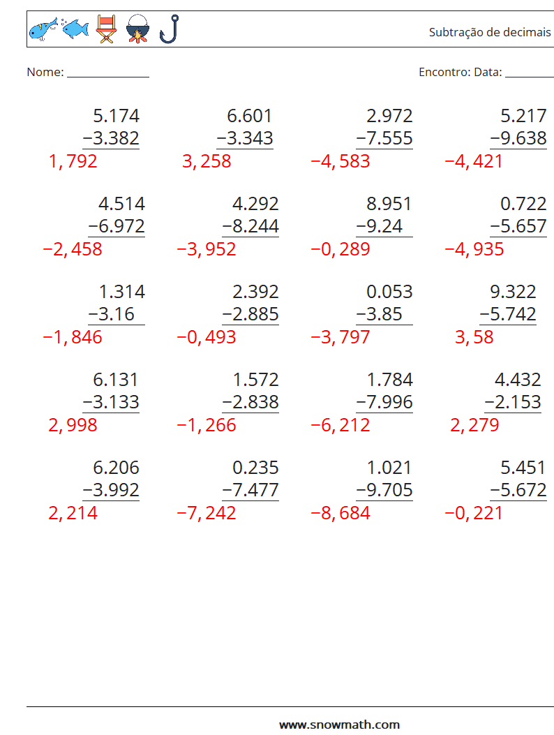 (25) Subtração de decimais (3 dígitos) planilhas matemáticas 6 Pergunta, Resposta