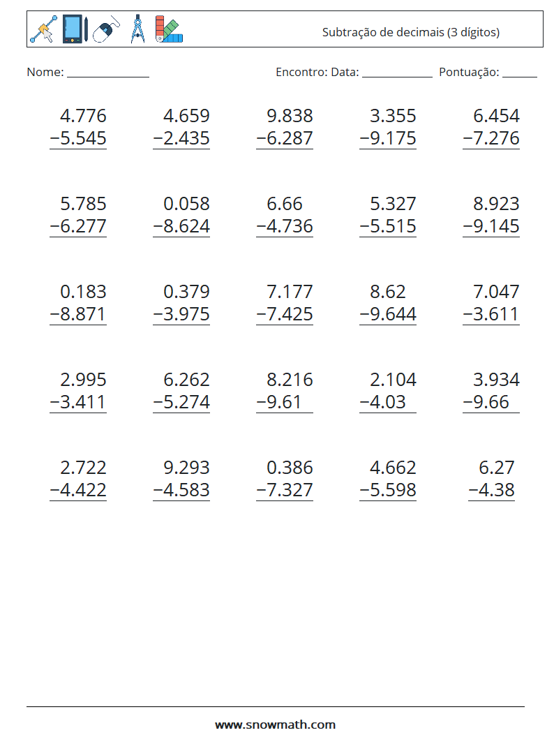 (25) Subtração de decimais (3 dígitos) planilhas matemáticas 7