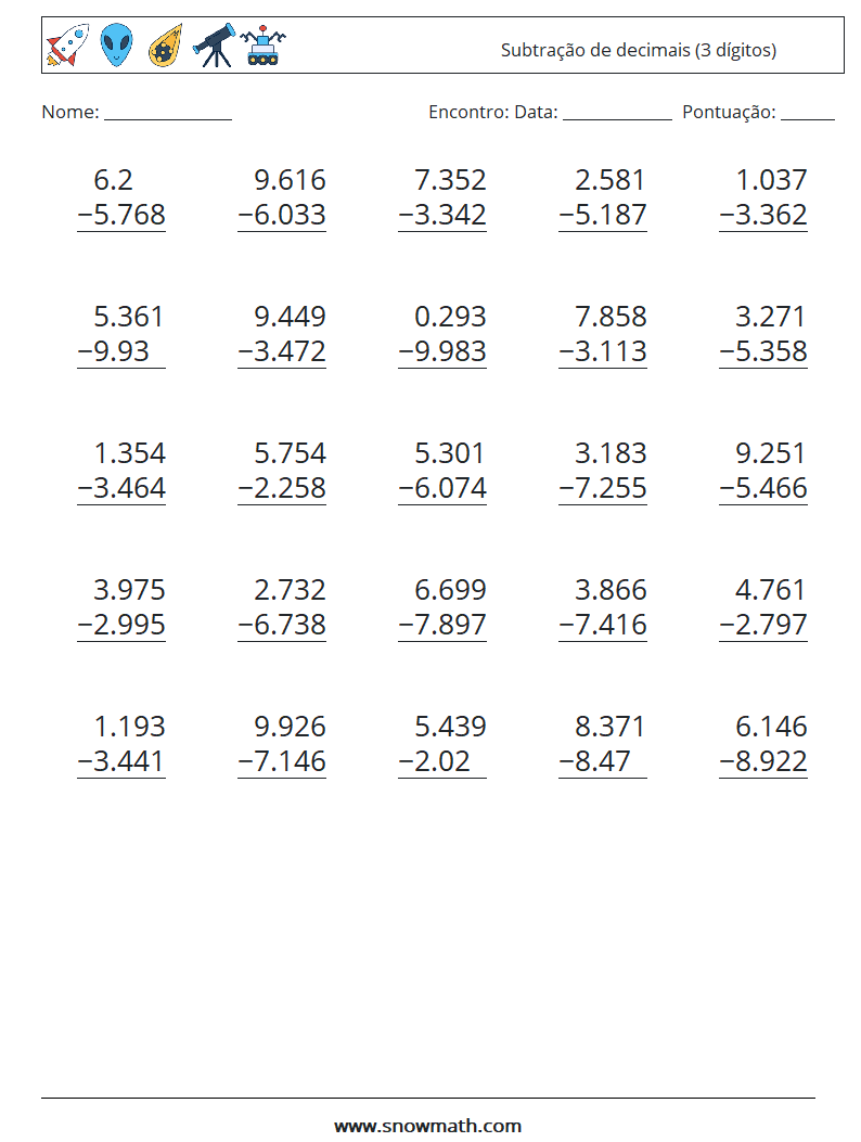 (25) Subtração de decimais (3 dígitos) planilhas matemáticas 8