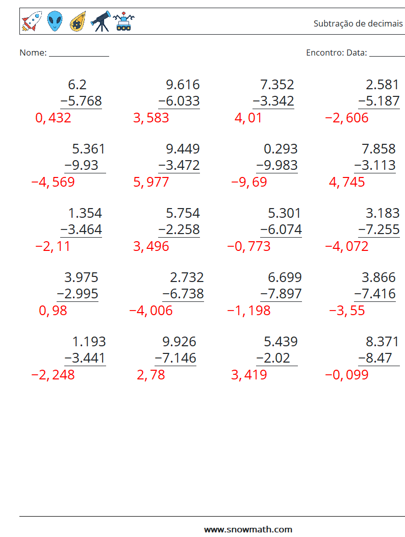 (25) Subtração de decimais (3 dígitos) planilhas matemáticas 8 Pergunta, Resposta