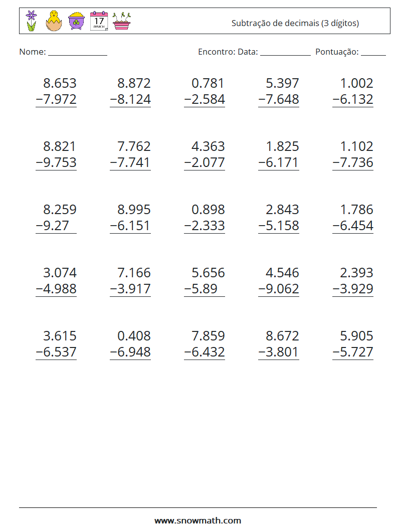 (25) Subtração de decimais (3 dígitos) planilhas matemáticas 9