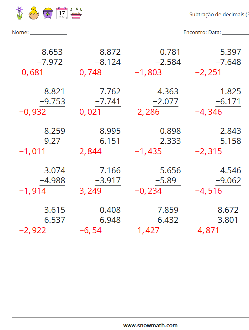 (25) Subtração de decimais (3 dígitos) planilhas matemáticas 9 Pergunta, Resposta