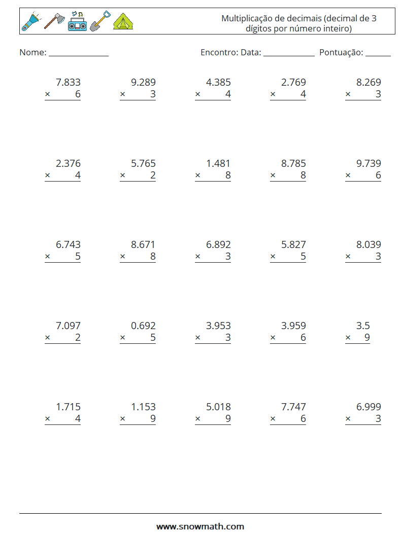 (25) Multiplicação de decimais (decimal de 3 dígitos por número inteiro) planilhas matemáticas 1