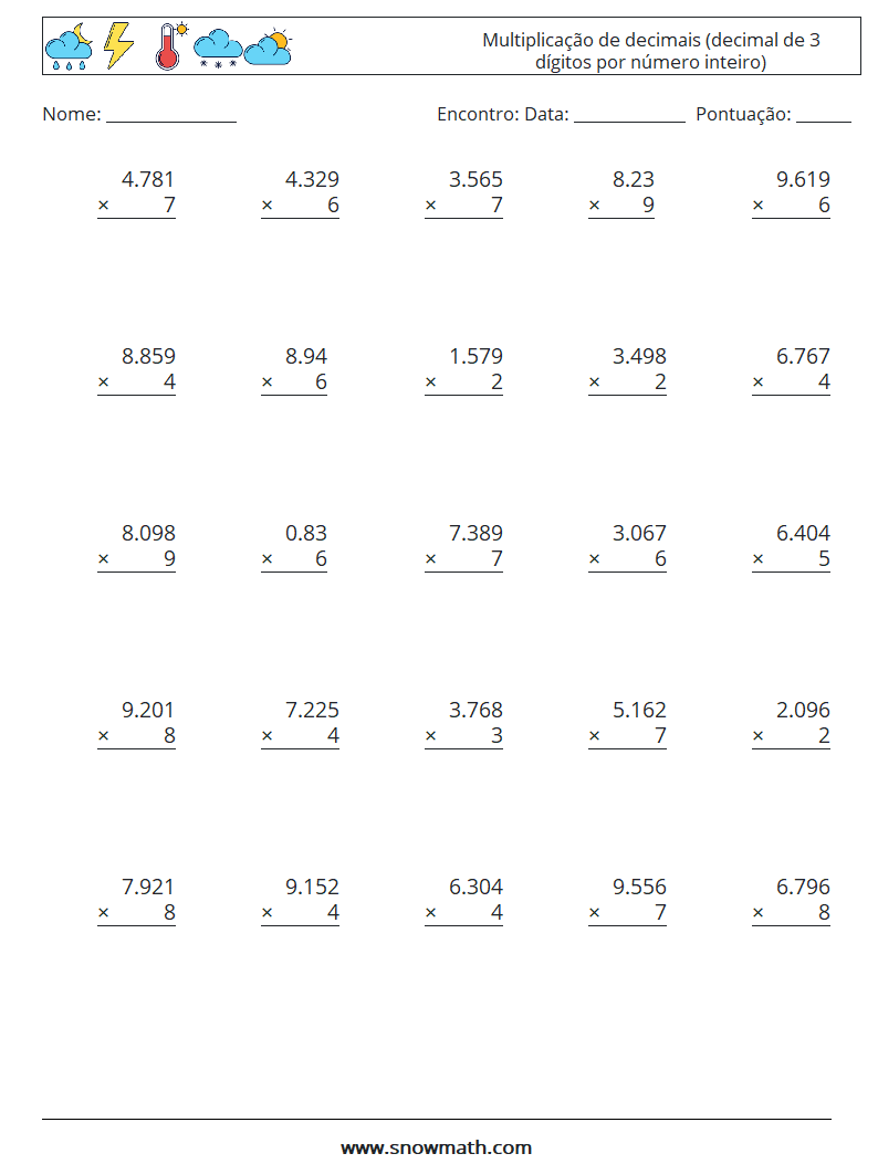 (25) Multiplicação de decimais (decimal de 3 dígitos por número inteiro) planilhas matemáticas 10