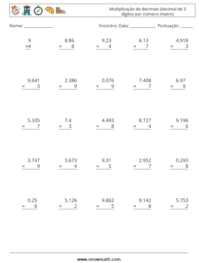 (25) Multiplicação de decimais (decimal de 3 dígitos por número inteiro) planilhas matemáticas 11