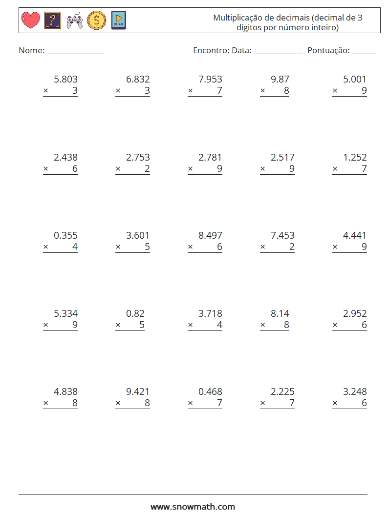 (25) Multiplicação de decimais (decimal de 3 dígitos por número inteiro) planilhas matemáticas 12