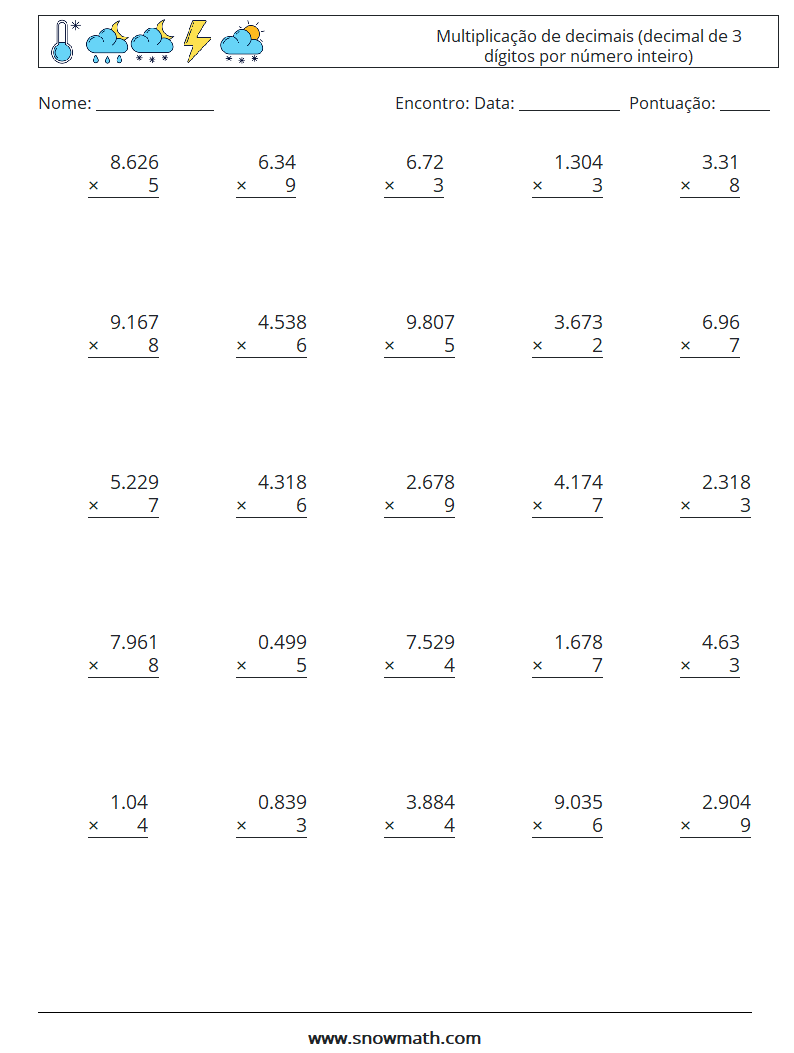 (25) Multiplicação de decimais (decimal de 3 dígitos por número inteiro) planilhas matemáticas 14