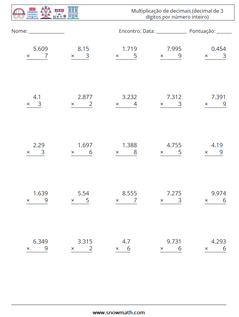 (25) Multiplicação de decimais (decimal de 3 dígitos por número inteiro) planilhas matemáticas 15