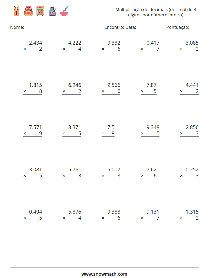(25) Multiplicação de decimais (decimal de 3 dígitos por número inteiro) planilhas matemáticas 17
