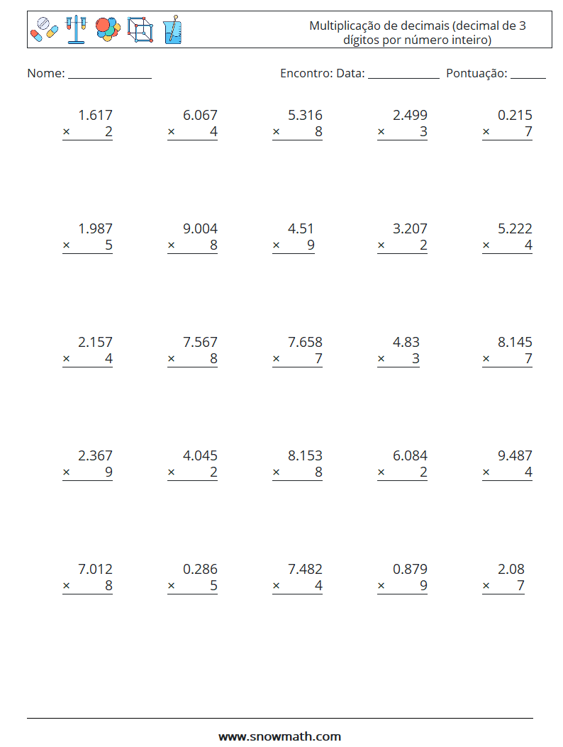 (25) Multiplicação de decimais (decimal de 3 dígitos por número inteiro) planilhas matemáticas 18