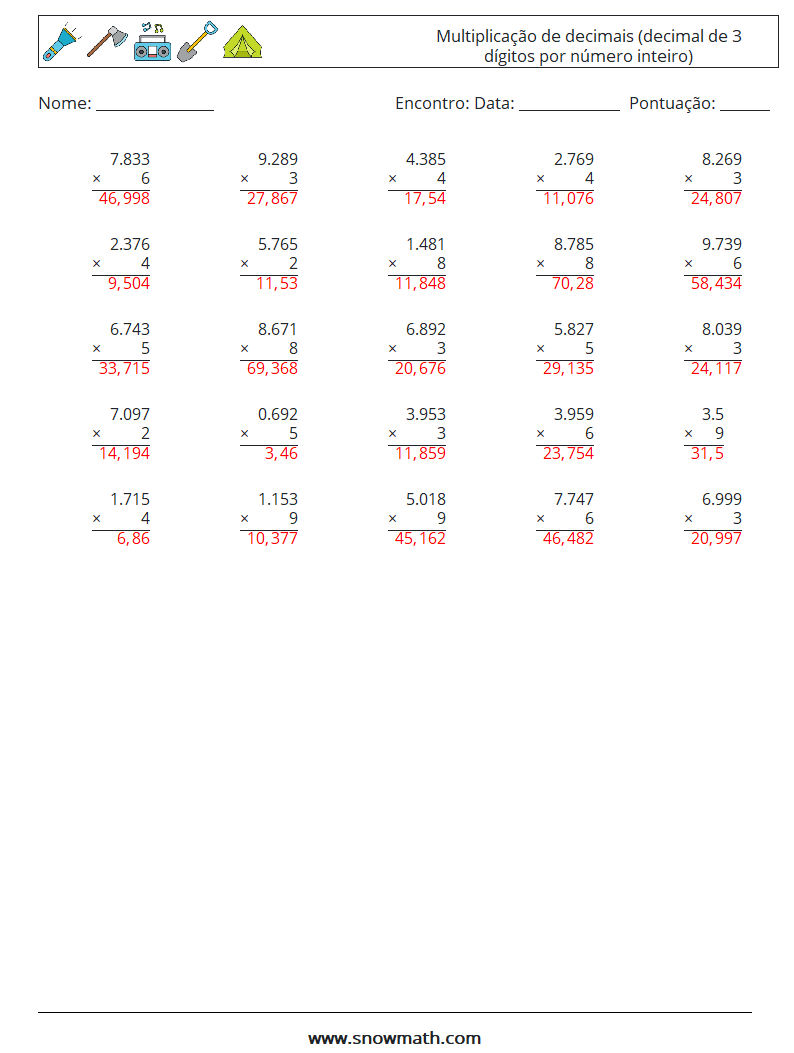 (25) Multiplicação de decimais (decimal de 3 dígitos por número inteiro) planilhas matemáticas 1 Pergunta, Resposta