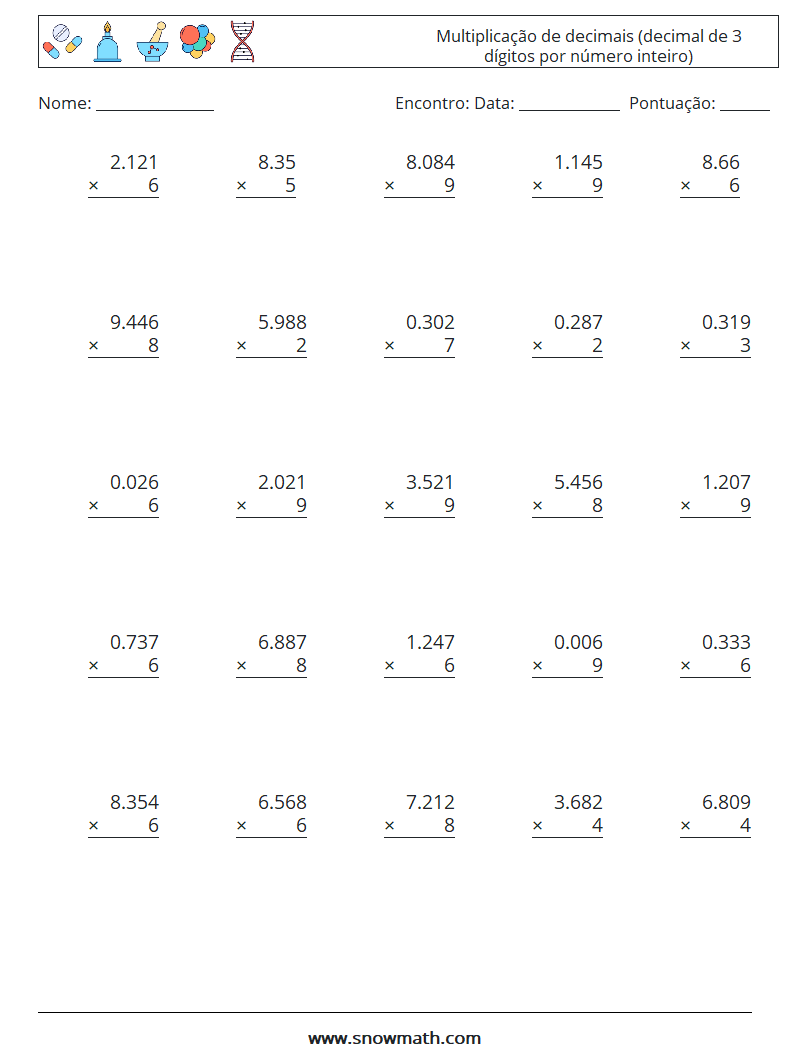 (25) Multiplicação de decimais (decimal de 3 dígitos por número inteiro) planilhas matemáticas 2