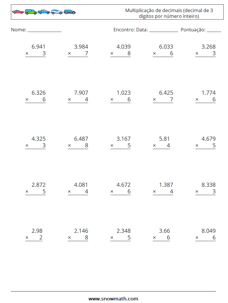 (25) Multiplicação de decimais (decimal de 3 dígitos por número inteiro) planilhas matemáticas 3