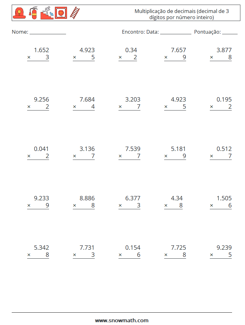 (25) Multiplicação de decimais (decimal de 3 dígitos por número inteiro) planilhas matemáticas 4