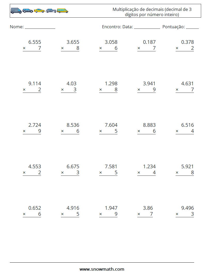(25) Multiplicação de decimais (decimal de 3 dígitos por número inteiro) planilhas matemáticas 5
