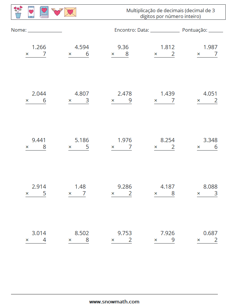(25) Multiplicação de decimais (decimal de 3 dígitos por número inteiro) planilhas matemáticas 6