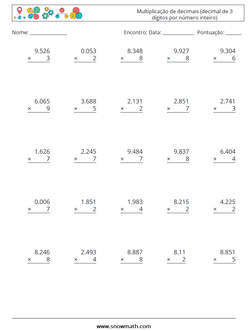 (25) Multiplicação de decimais (decimal de 3 dígitos por número inteiro) planilhas matemáticas 7