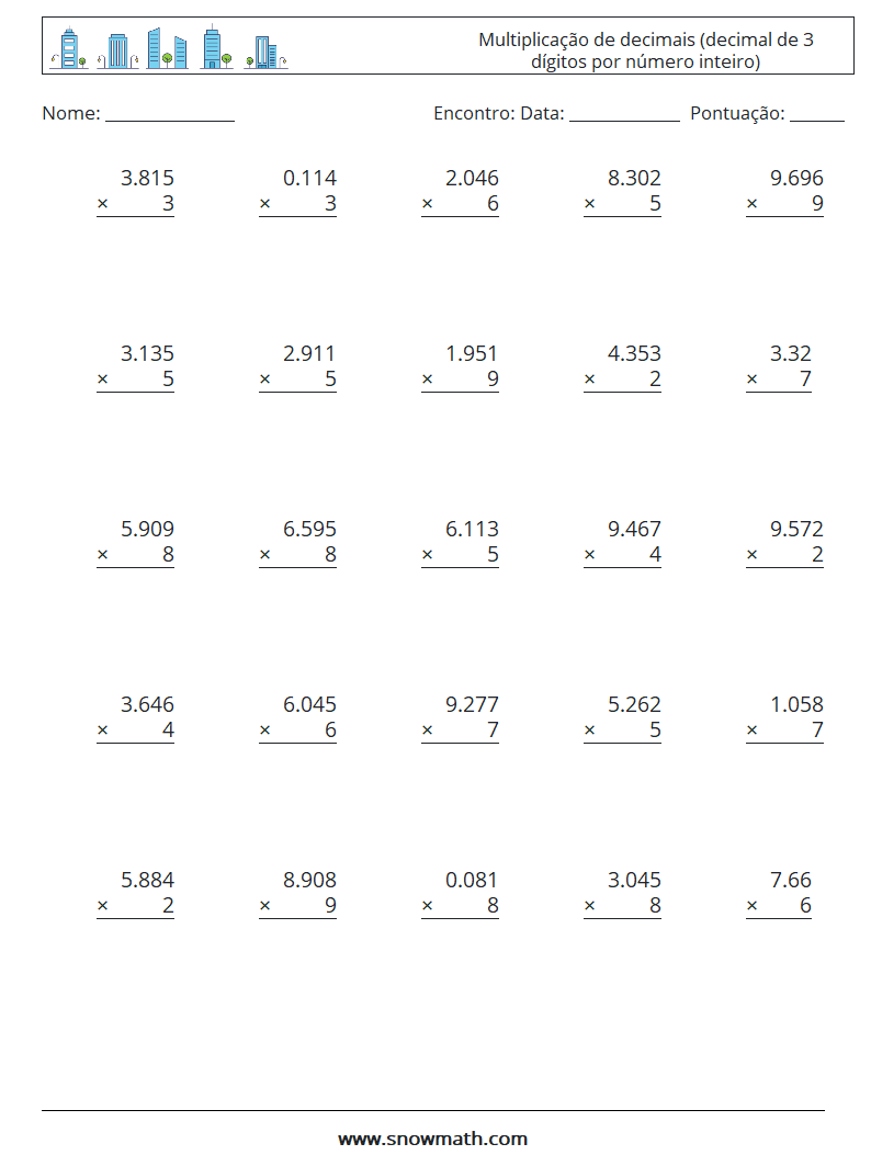 (25) Multiplicação de decimais (decimal de 3 dígitos por número inteiro) planilhas matemáticas 8