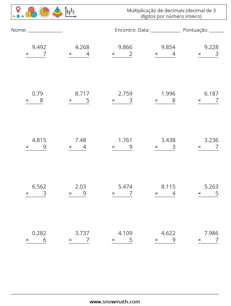 (25) Multiplicação de decimais (decimal de 3 dígitos por número inteiro) planilhas matemáticas 9