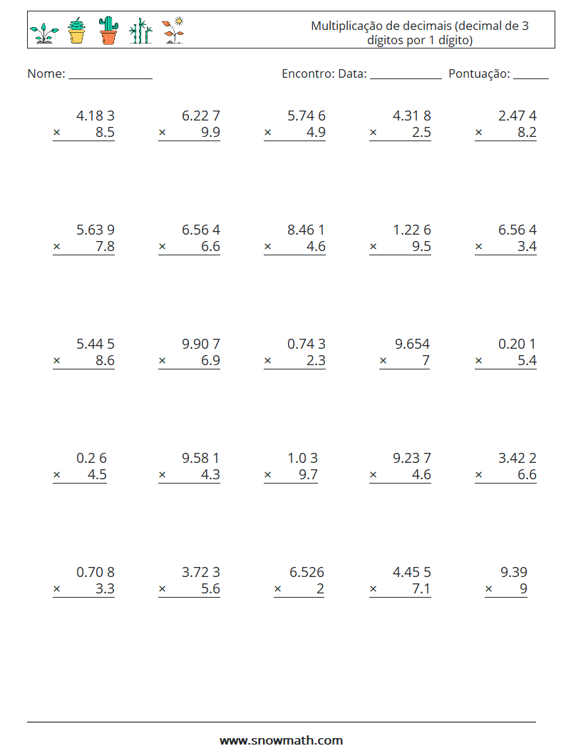 (25) Multiplicação de decimais (decimal de 3 dígitos por 1 dígito) planilhas matemáticas 1