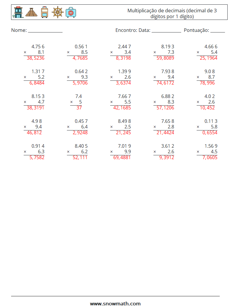 (25) Multiplicação de decimais (decimal de 3 dígitos por 1 dígito) planilhas matemáticas 13 Pergunta, Resposta