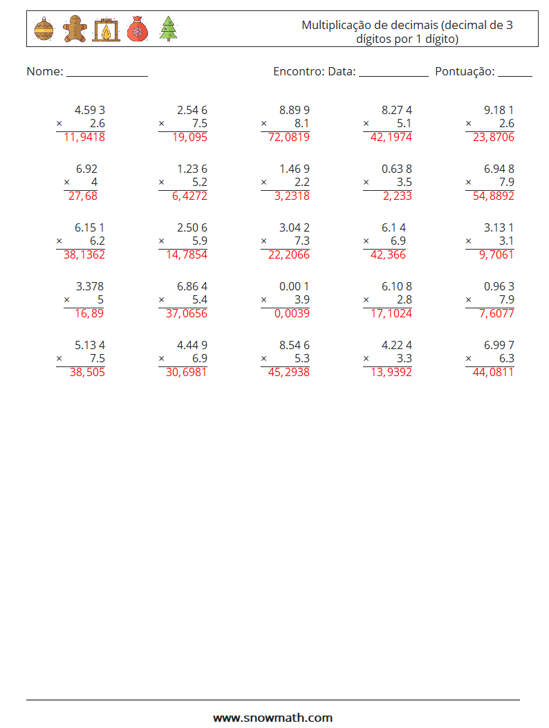 (25) Multiplicação de decimais (decimal de 3 dígitos por 1 dígito) planilhas matemáticas 14 Pergunta, Resposta