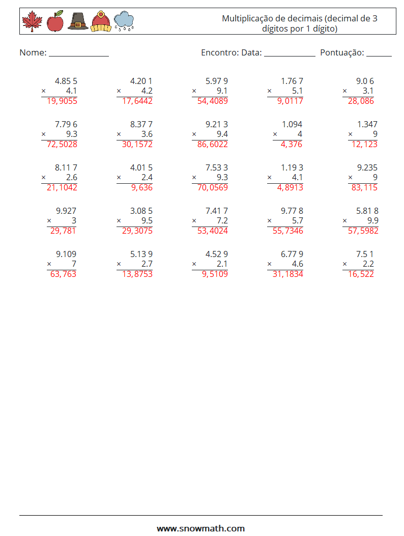 (25) Multiplicação de decimais (decimal de 3 dígitos por 1 dígito) planilhas matemáticas 17 Pergunta, Resposta