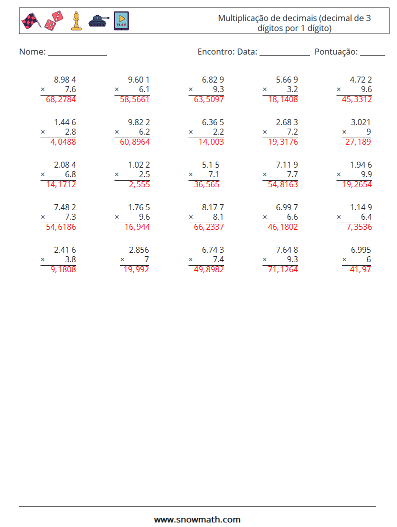 (25) Multiplicação de decimais (decimal de 3 dígitos por 1 dígito) planilhas matemáticas 18 Pergunta, Resposta