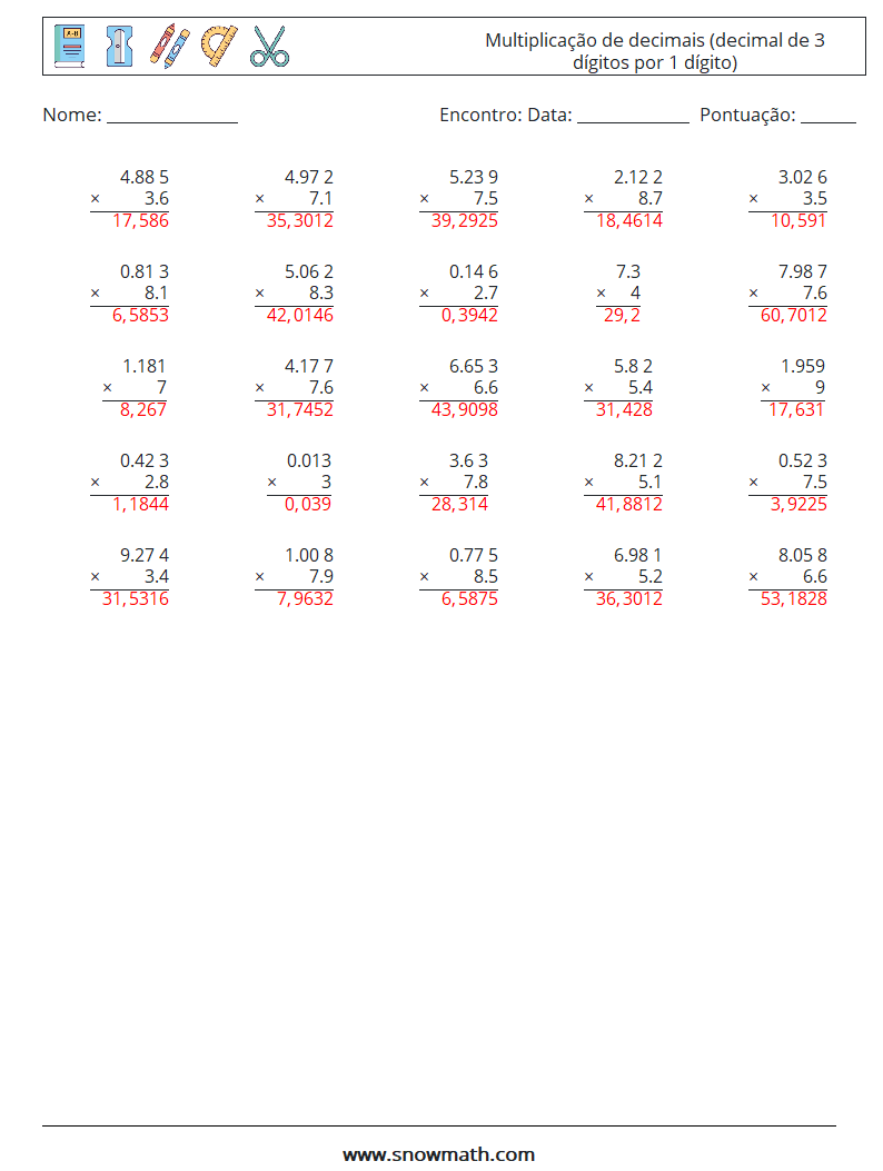 (25) Multiplicação de decimais (decimal de 3 dígitos por 1 dígito) planilhas matemáticas 4 Pergunta, Resposta