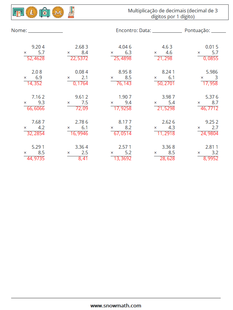 (25) Multiplicação de decimais (decimal de 3 dígitos por 1 dígito) planilhas matemáticas 5 Pergunta, Resposta