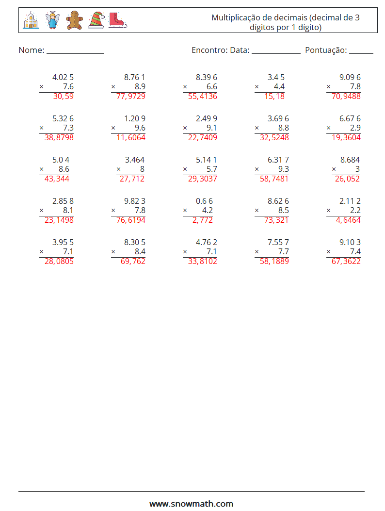 (25) Multiplicação de decimais (decimal de 3 dígitos por 1 dígito) planilhas matemáticas 7 Pergunta, Resposta