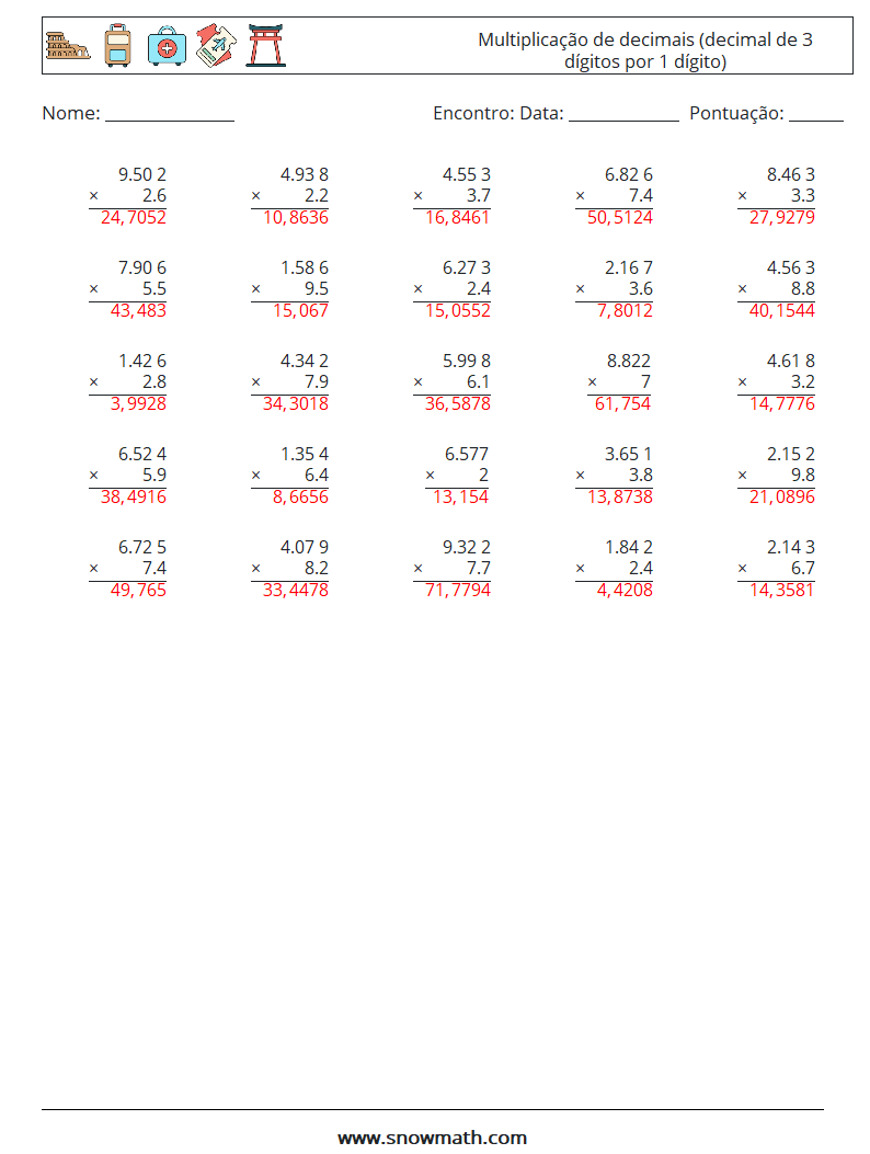 (25) Multiplicação de decimais (decimal de 3 dígitos por 1 dígito) planilhas matemáticas 8 Pergunta, Resposta