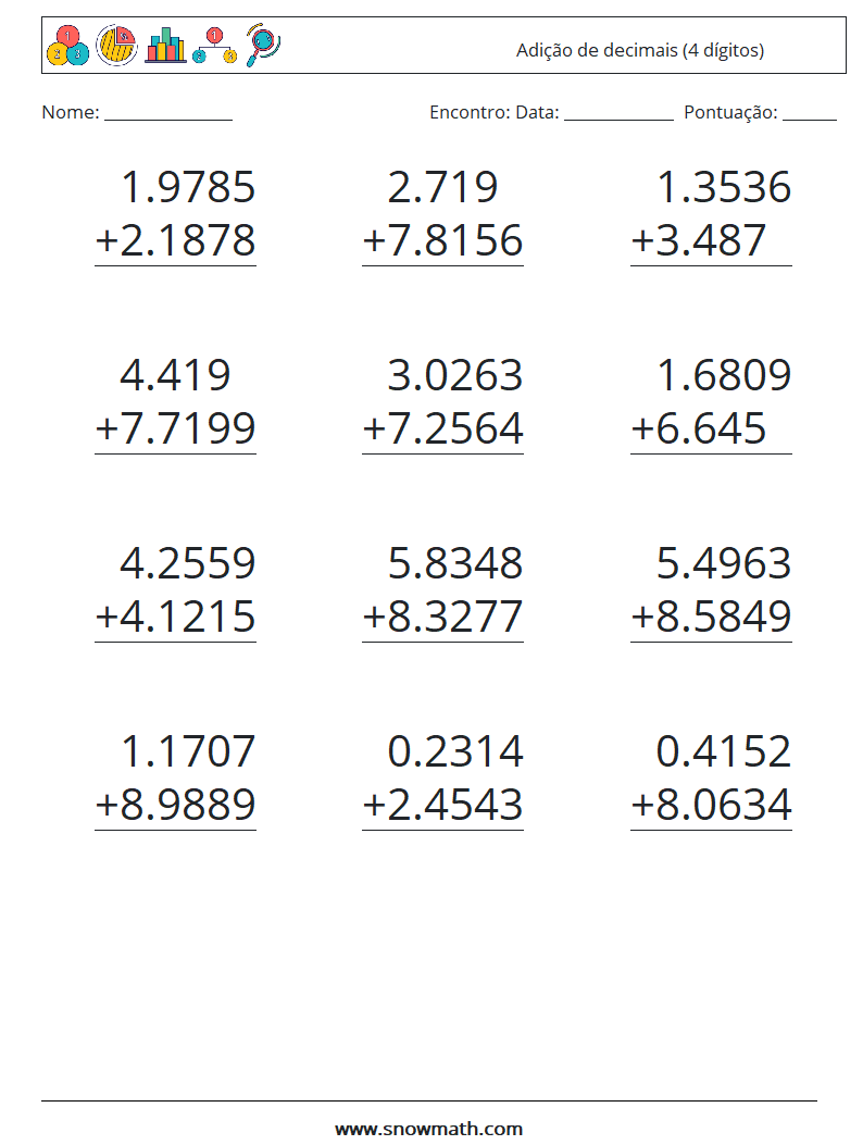 (12) Adição de decimais (4 dígitos) planilhas matemáticas 1