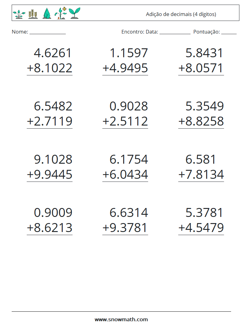 (12) Adição de decimais (4 dígitos) planilhas matemáticas 10