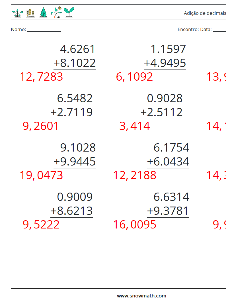 (12) Adição de decimais (4 dígitos) planilhas matemáticas 10 Pergunta, Resposta