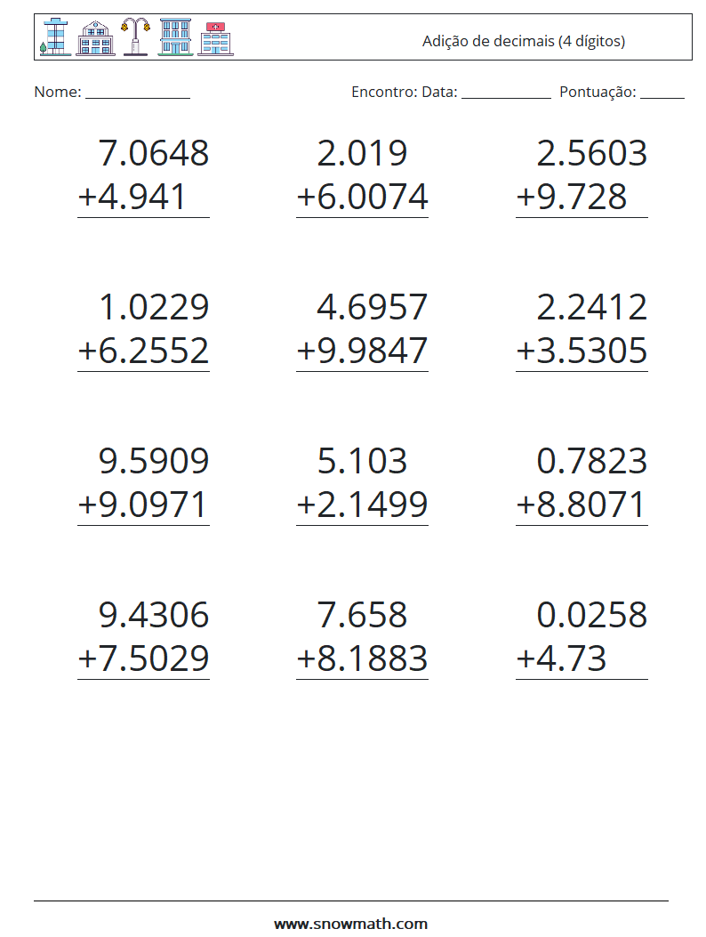 (12) Adição de decimais (4 dígitos) planilhas matemáticas 11