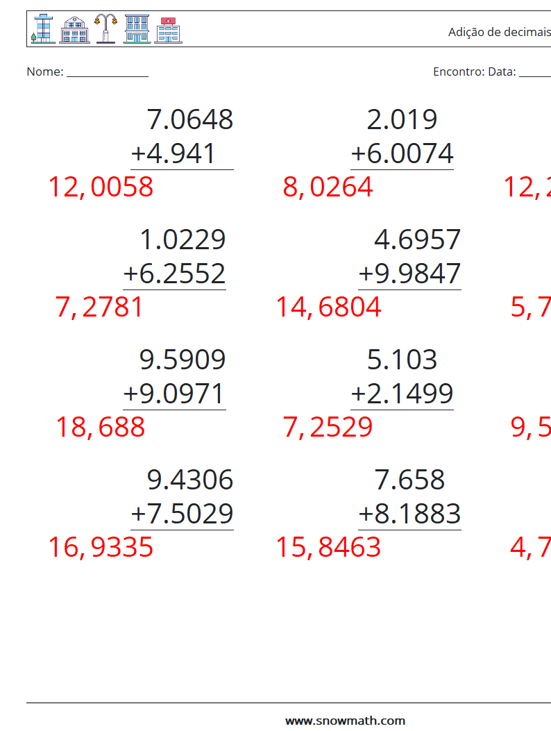 (12) Adição de decimais (4 dígitos) planilhas matemáticas 11 Pergunta, Resposta