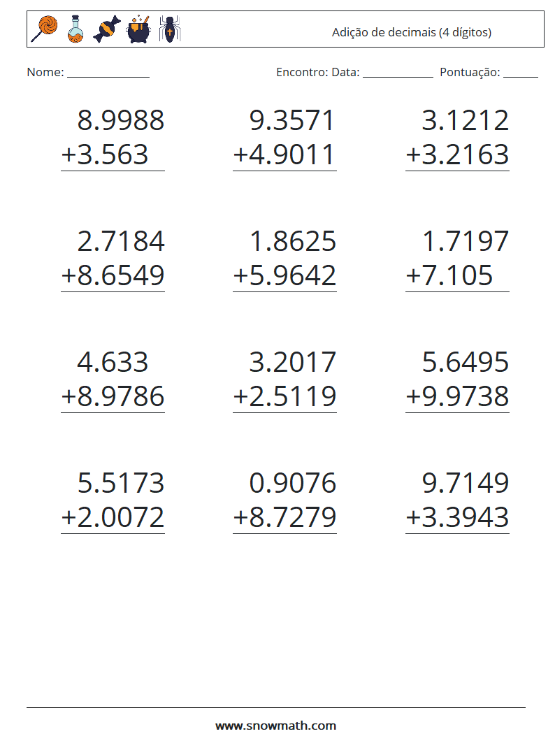 (12) Adição de decimais (4 dígitos) planilhas matemáticas 12