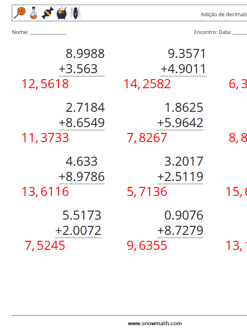 (12) Adição de decimais (4 dígitos) planilhas matemáticas 12 Pergunta, Resposta