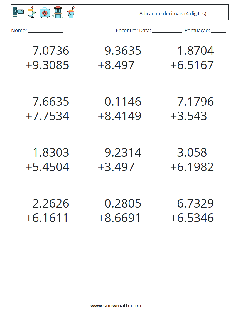 (12) Adição de decimais (4 dígitos) planilhas matemáticas 13