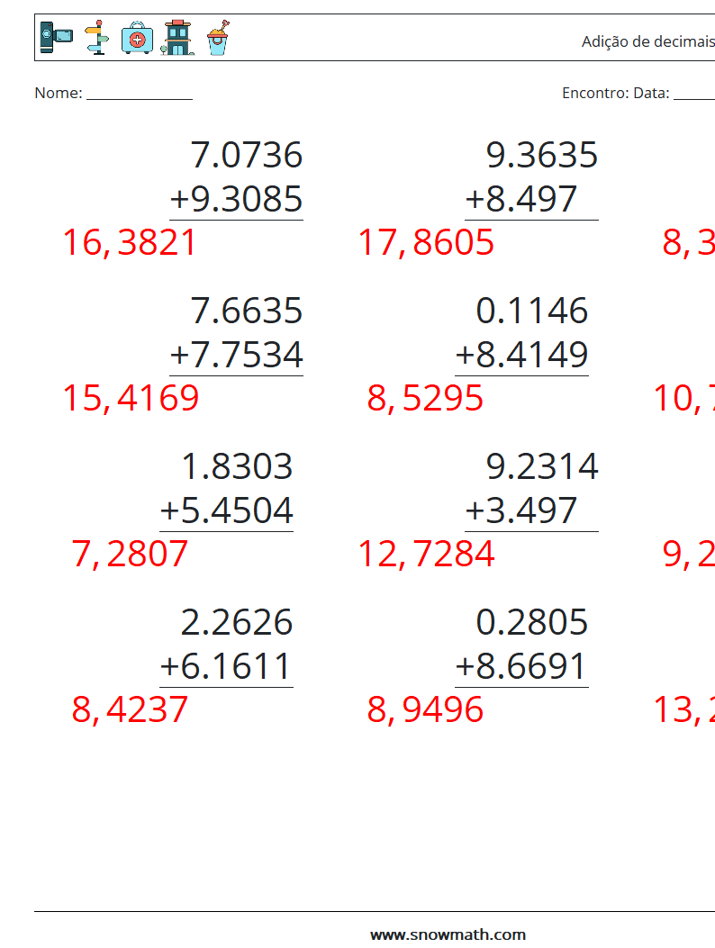 (12) Adição de decimais (4 dígitos) planilhas matemáticas 13 Pergunta, Resposta