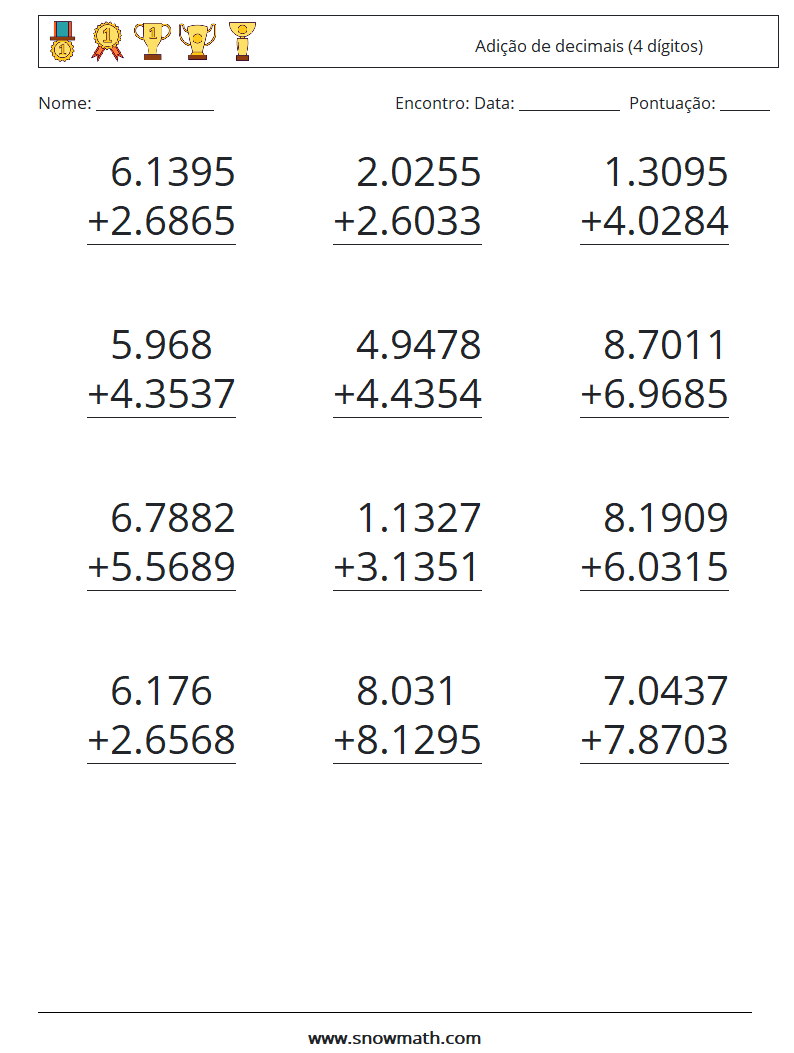 (12) Adição de decimais (4 dígitos) planilhas matemáticas 14