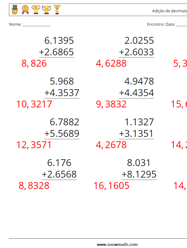 (12) Adição de decimais (4 dígitos) planilhas matemáticas 14 Pergunta, Resposta