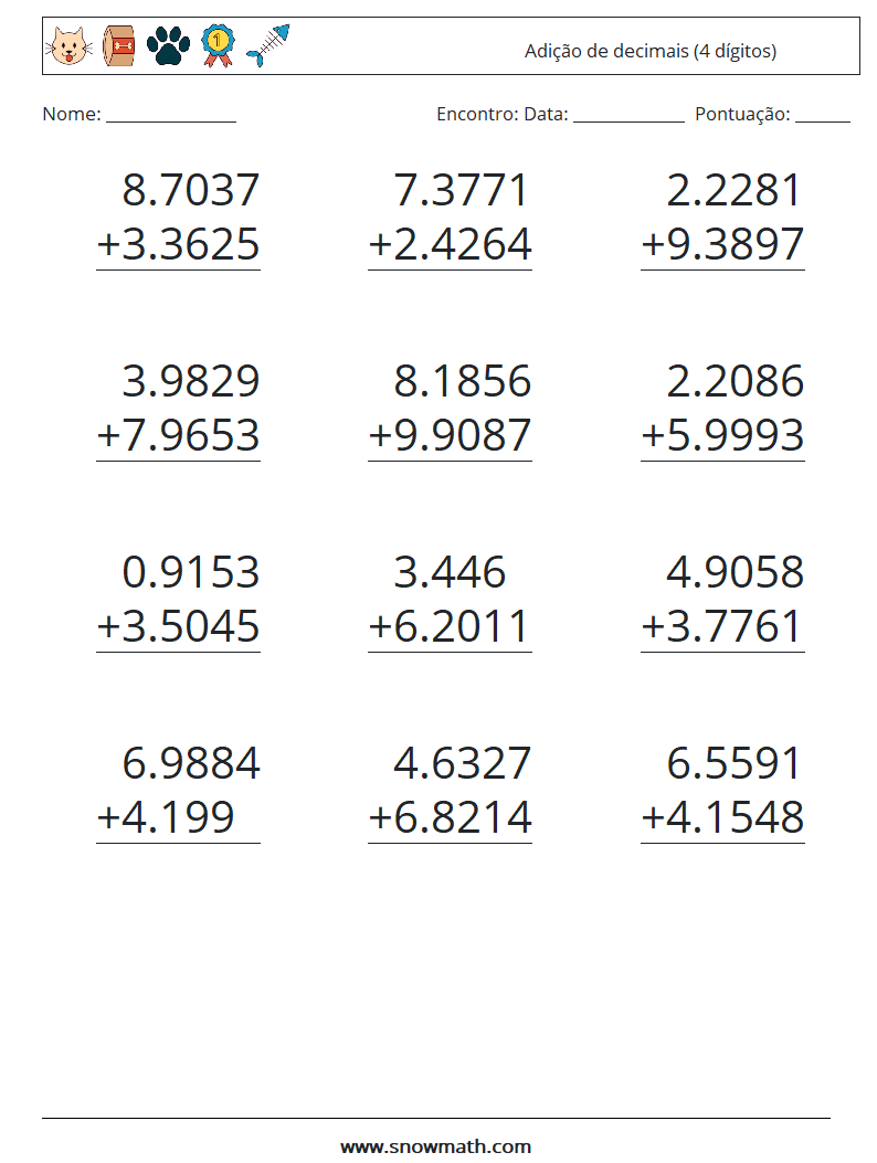 (12) Adição de decimais (4 dígitos) planilhas matemáticas 15