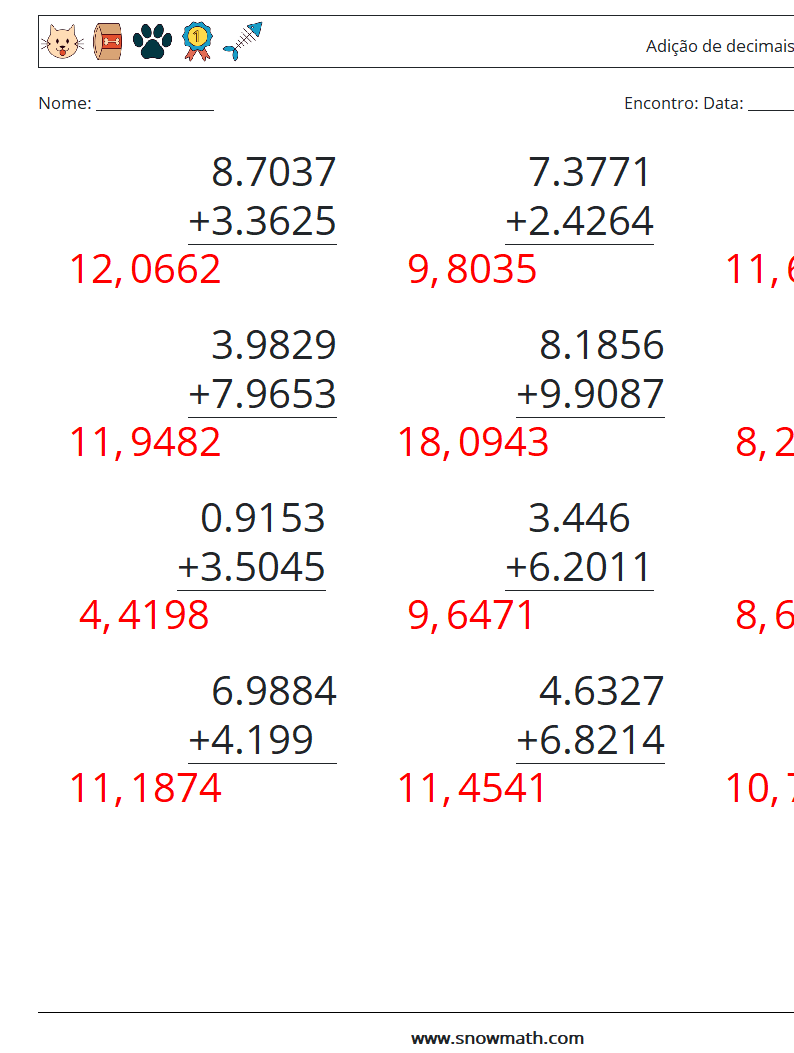 (12) Adição de decimais (4 dígitos) planilhas matemáticas 15 Pergunta, Resposta