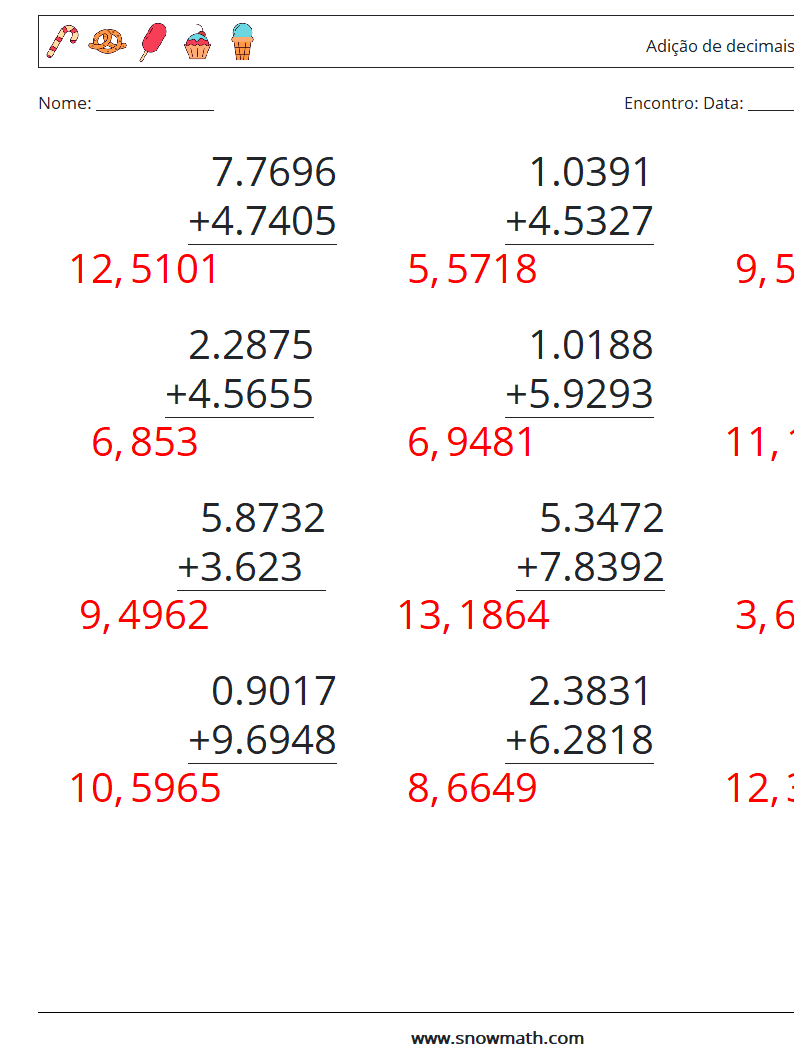 (12) Adição de decimais (4 dígitos) planilhas matemáticas 16 Pergunta, Resposta