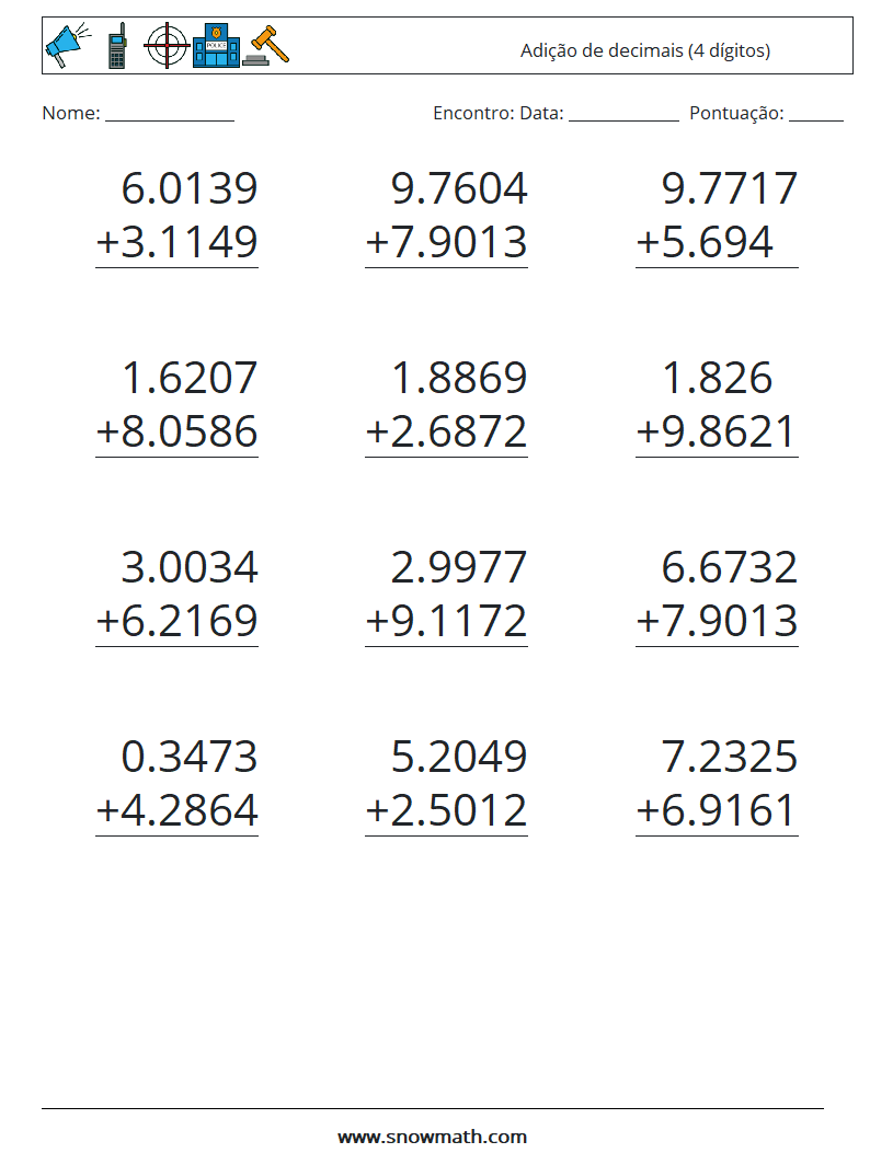 (12) Adição de decimais (4 dígitos) planilhas matemáticas 17